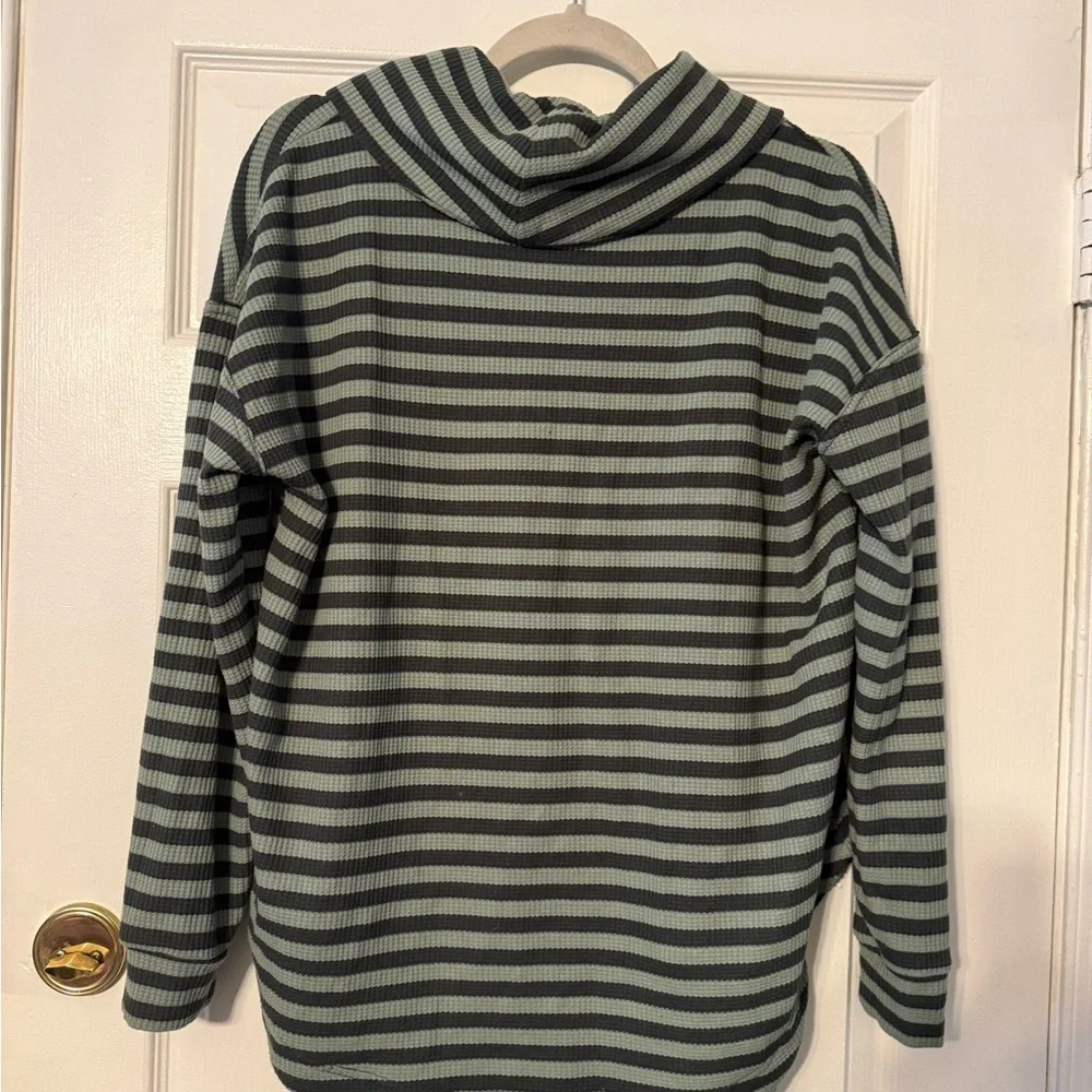 Lou & Grey Striped Cowl Neck Sweater in Sage and Charcoal